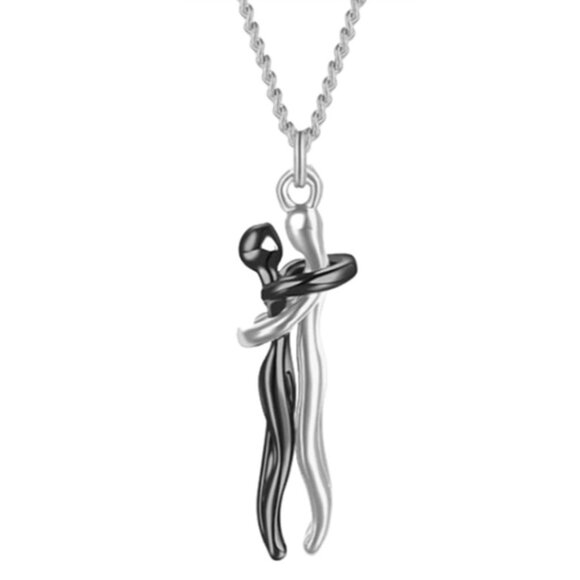 Hugging Couple Stainless Steel Pendant Necklace - Silver Male & Black Female - Picture 1 of 4